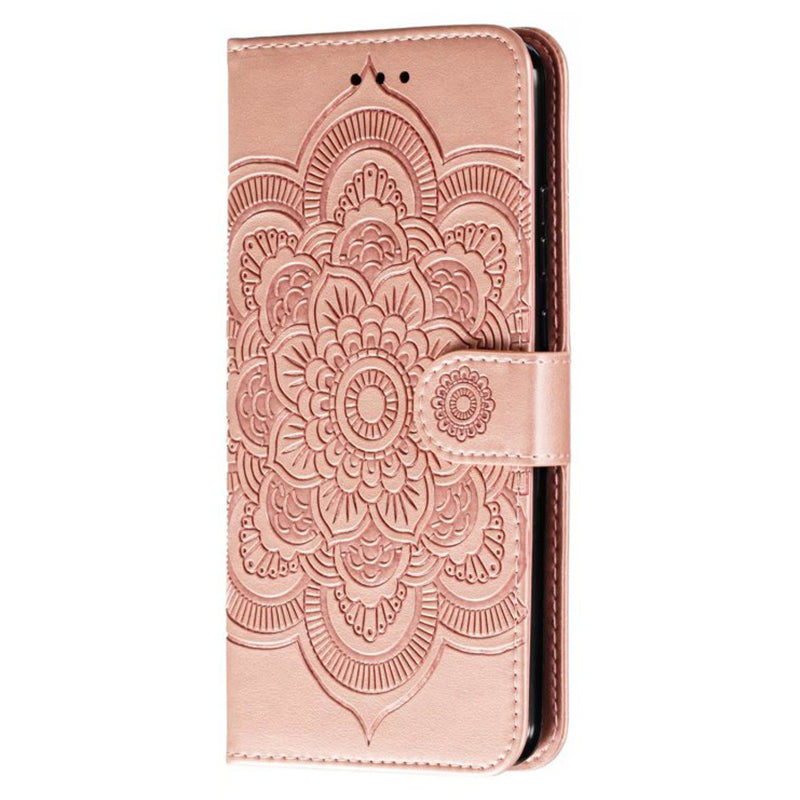 Uniqkart for Honor 80 Pro 5G PU Leather Wallet Stand Phone Cover Imprinting Mandala Flower Protective Case - Rose Gold