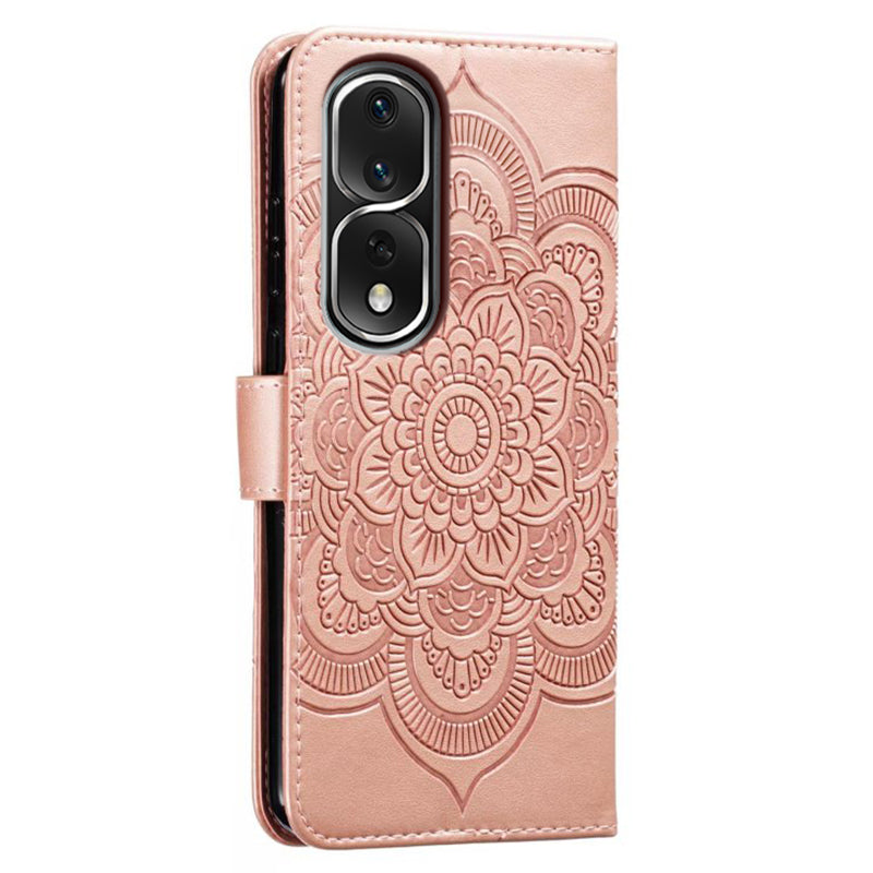 Uniqkart for Honor 80 Pro 5G PU Leather Wallet Stand Phone Cover Imprinting Mandala Flower Protective Case - Rose Gold