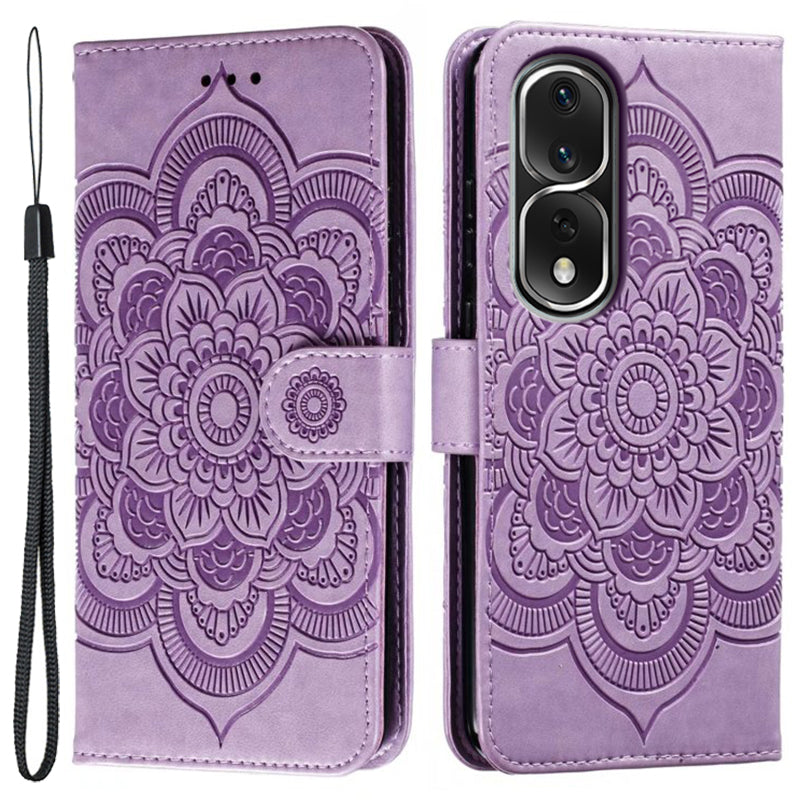 Uniqkart for Honor 80 Pro 5G PU Leather Wallet Stand Phone Cover Imprinting Mandala Flower Protective Case - Purple