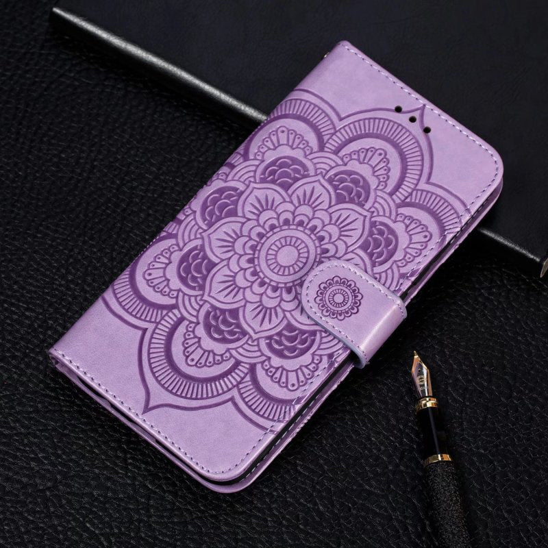 Uniqkart for Honor 80 Pro 5G PU Leather Wallet Stand Phone Cover Imprinting Mandala Flower Protective Case - Purple