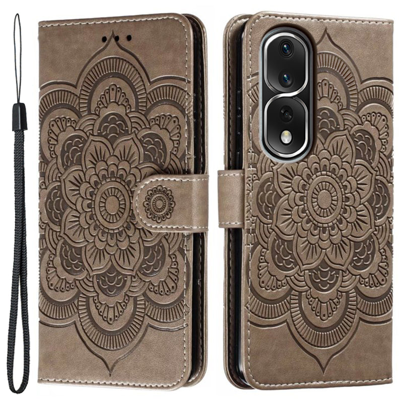 Uniqkart for Honor 80 Pro 5G PU Leather Wallet Stand Phone Cover Imprinting Mandala Flower Protective Case - Grey