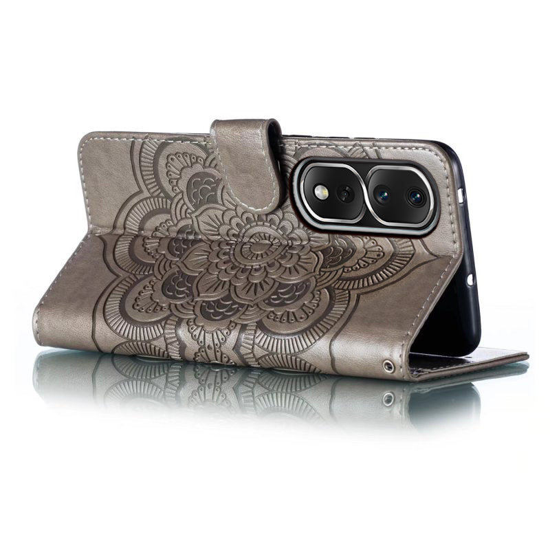 Uniqkart for Honor 80 Pro 5G PU Leather Wallet Stand Phone Cover Imprinting Mandala Flower Protective Case - Grey