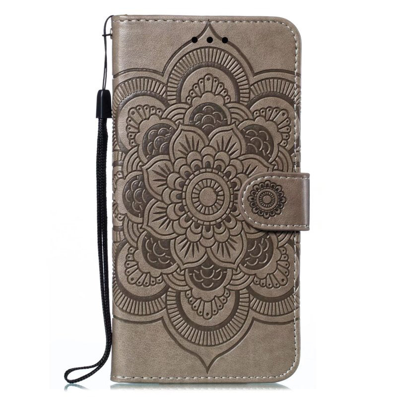 Uniqkart for Honor 80 Pro 5G PU Leather Wallet Stand Phone Cover Imprinting Mandala Flower Protective Case - Grey