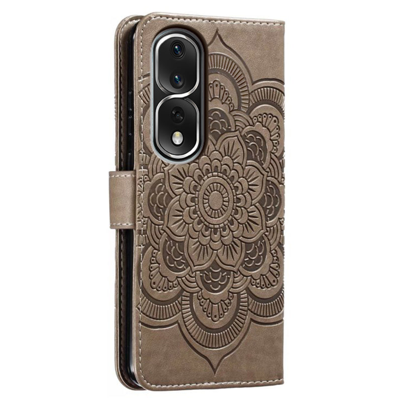 Uniqkart for Honor 80 Pro 5G PU Leather Wallet Stand Phone Cover Imprinting Mandala Flower Protective Case - Grey