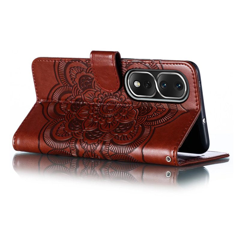 Uniqkart for Honor 80 Pro 5G PU Leather Wallet Stand Phone Cover Imprinting Mandala Flower Protective Case - Brown