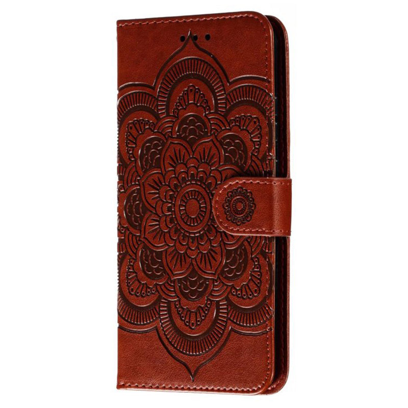 Uniqkart for Honor 80 Pro 5G PU Leather Wallet Stand Phone Cover Imprinting Mandala Flower Protective Case - Brown