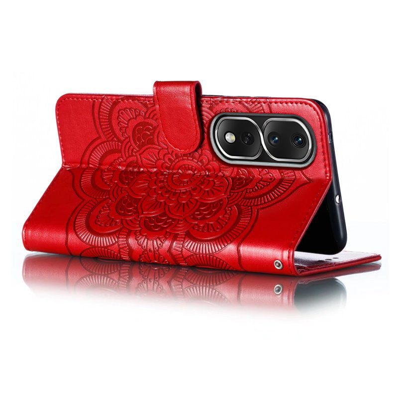Uniqkart for Honor 80 Pro 5G PU Leather Wallet Stand Phone Cover Imprinting Mandala Flower Protective Case - Red