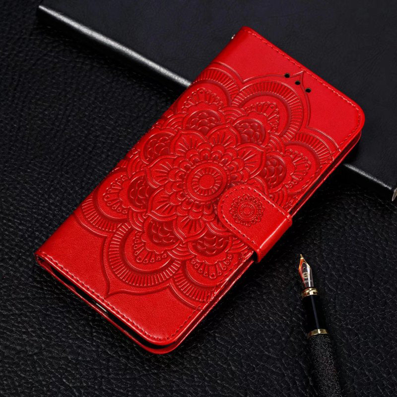 Uniqkart for Honor 80 Pro 5G PU Leather Wallet Stand Phone Cover Imprinting Mandala Flower Protective Case - Red