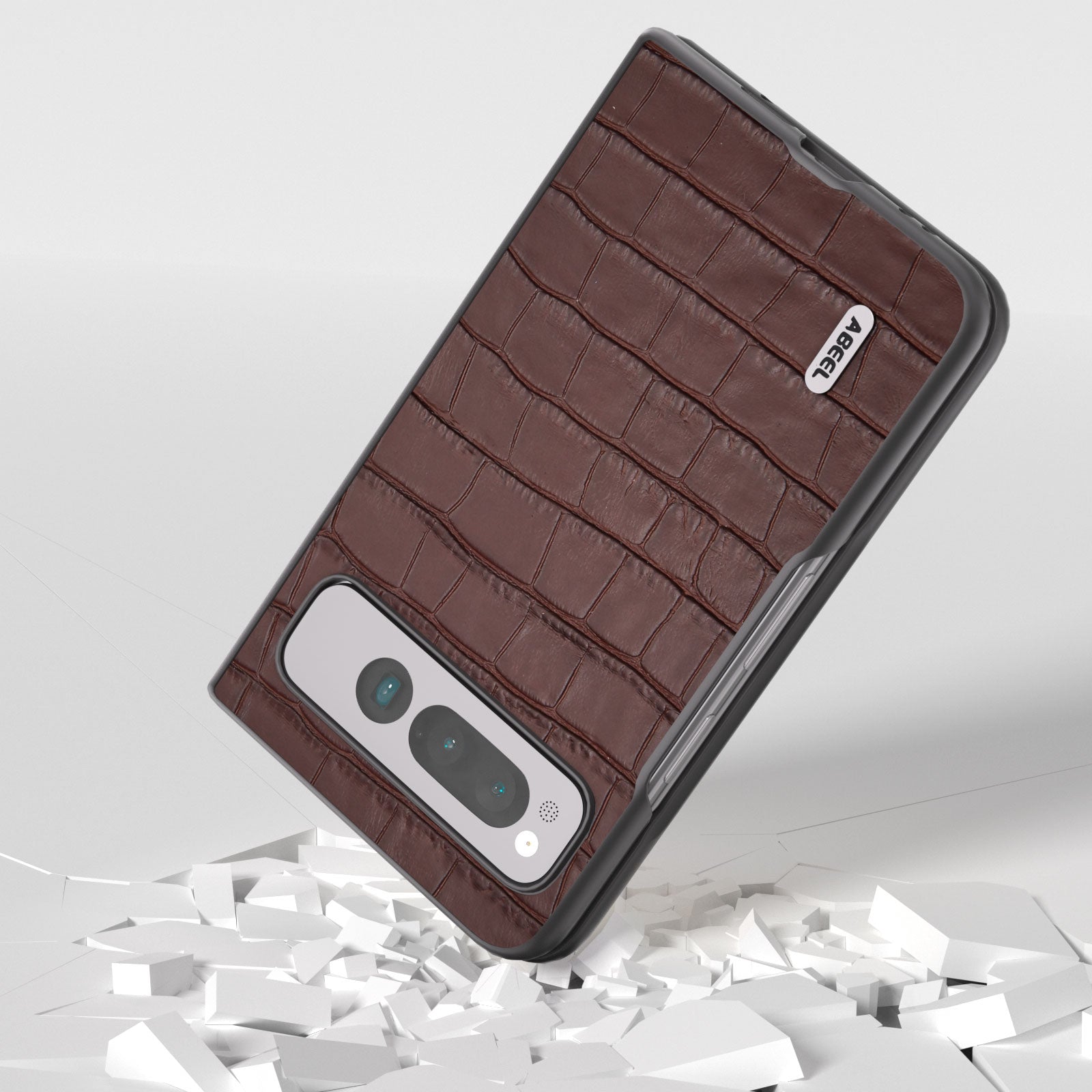 for Google Pixel Fold Genuine Cow Leather+PC Back Cover Crocodile Texture Drop Protection Phone Case - Brown