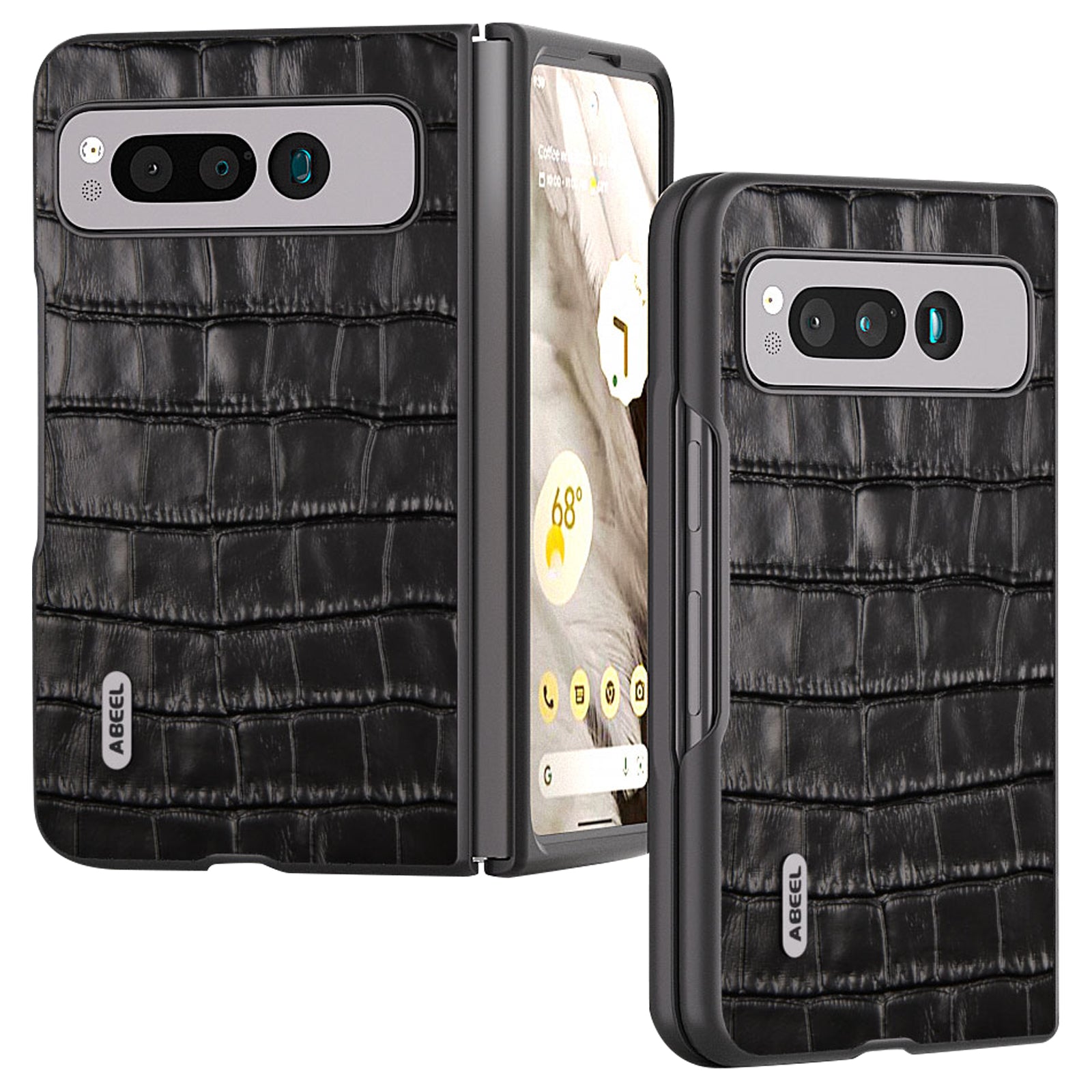 for Google Pixel Fold Genuine Cow Leather+PC Back Cover Crocodile Texture Drop Protection Phone Case - Black