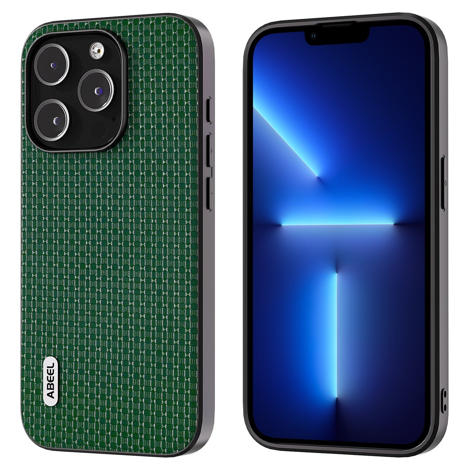 Uniqkart For iPhone 13 Pro Max Protective Shell Cowhide Leather Coated PC+TPU Luxury Textured Phone Case - Green