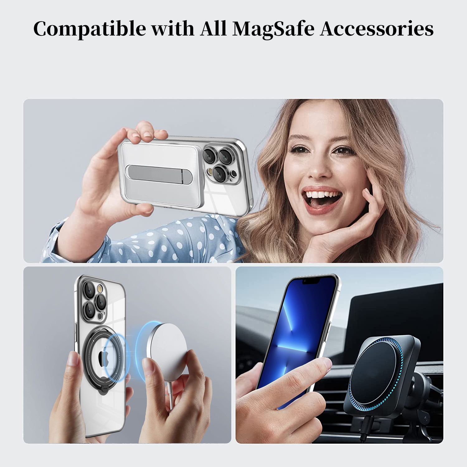 Kickstand Case for iPhone 13 Pro Max 6.7 inch PC+TPU Phone Cover Shockproof Phone Case Compatible with MagSafe - Silver