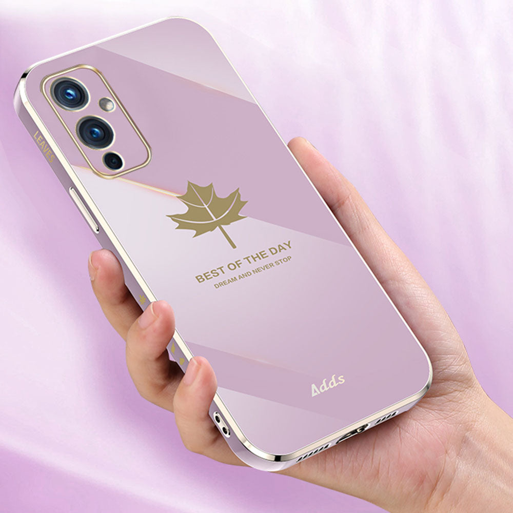 6D Electroplated Phone Case for OnePlus 9 (EU  /  US Version) Straight Edge Maple Leaf Pattern TPU Cover - Purple