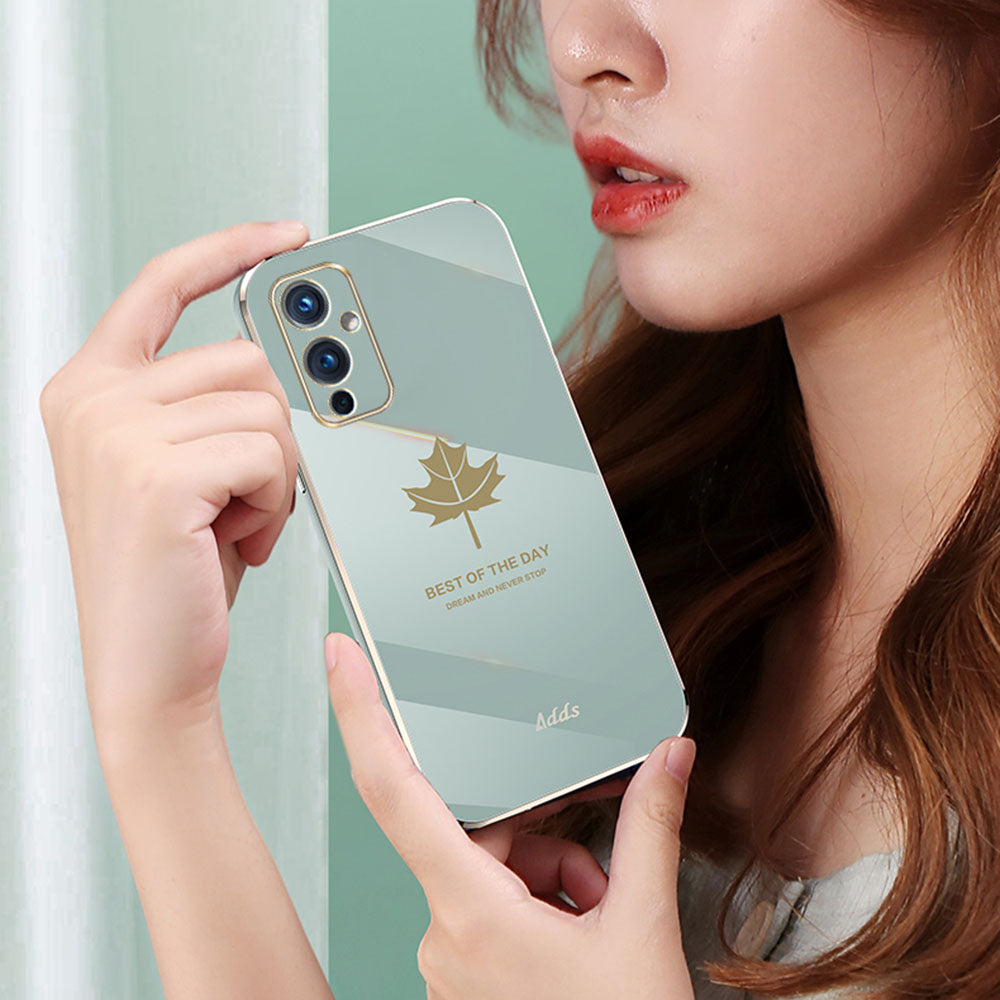6D Electroplated Phone Case for OnePlus 9 (EU  /  US Version) Straight Edge Maple Leaf Pattern TPU Cover - Camellia Red