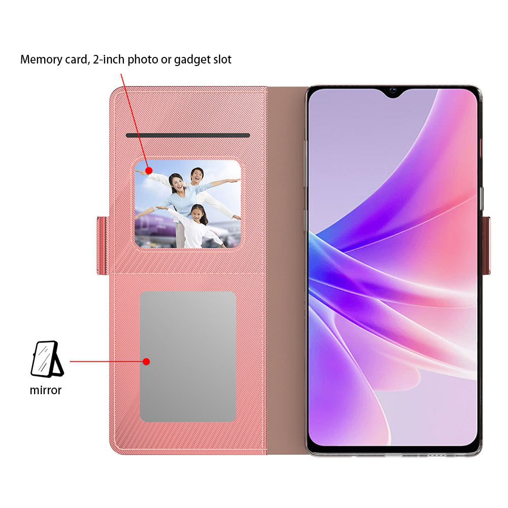 PU Leather+TPU Phone Cover For Oppo Reno8 T 5G / A1 Pro 5G , Phone Case Mirror Card Holder Stand Shell - Rose Gold