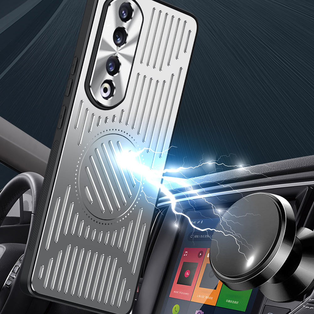 Uniqkart for Honor 90 Pro Hollow Heat Dissipation Phone Back Case Shell TPU+Aluminum Alloy Magnetic Cover - Silver