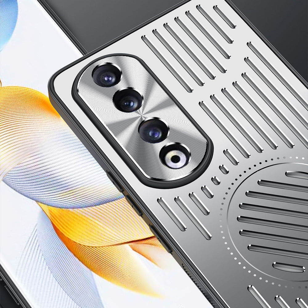Uniqkart for Honor 90 Pro Hollow Heat Dissipation Phone Back Case Shell TPU+Aluminum Alloy Magnetic Cover - Silver