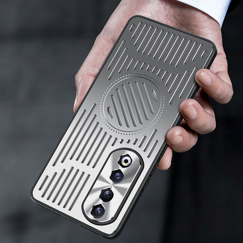 Uniqkart for Honor 90 Phone Case Hollow Heat Dissipation TPU+Aluminum Alloy Magnetic Back Cover - Black