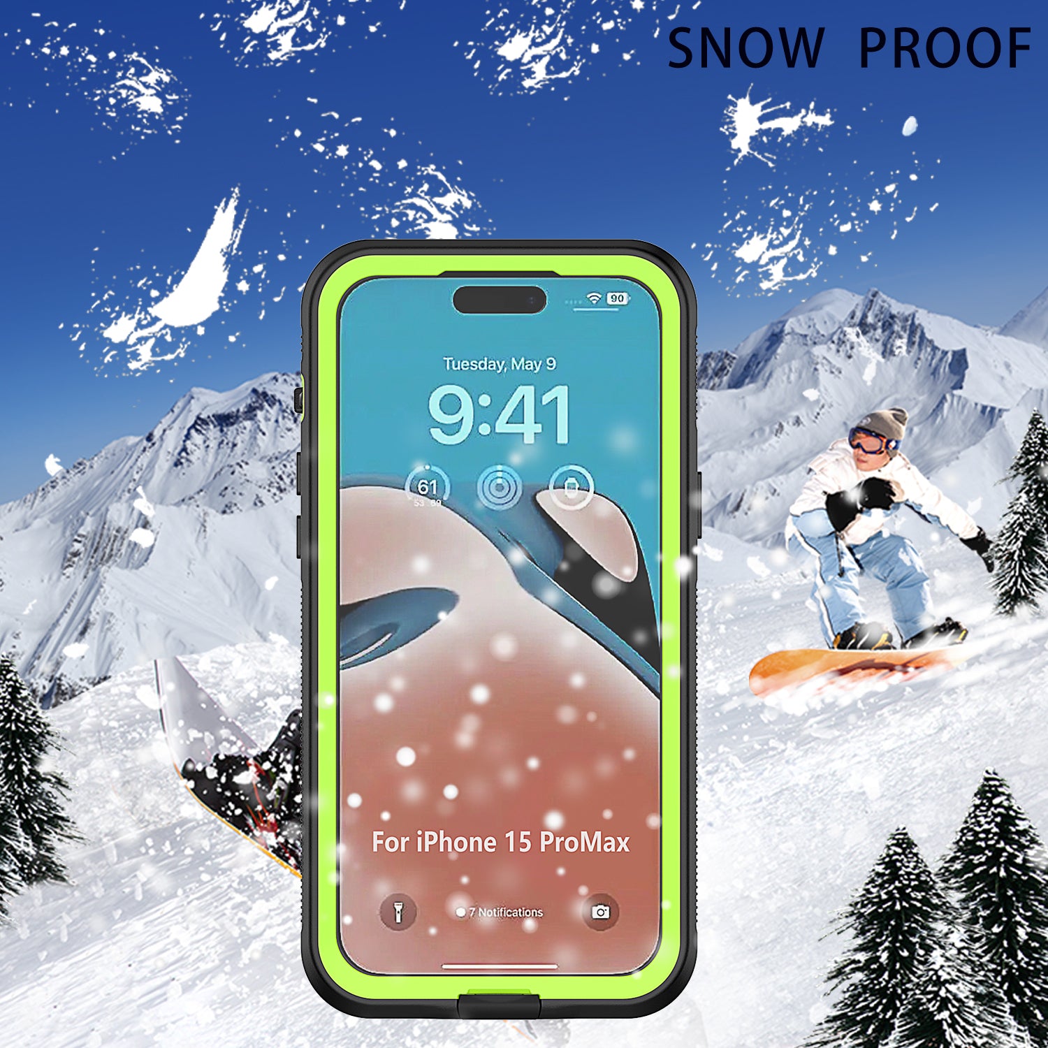 Uniqkart for iPhone 15 Pro Max IP68 Waterproof Case TPU+PC+PET Drop-proof Underwater Diving Phone Cover - Black+Green / Black Back