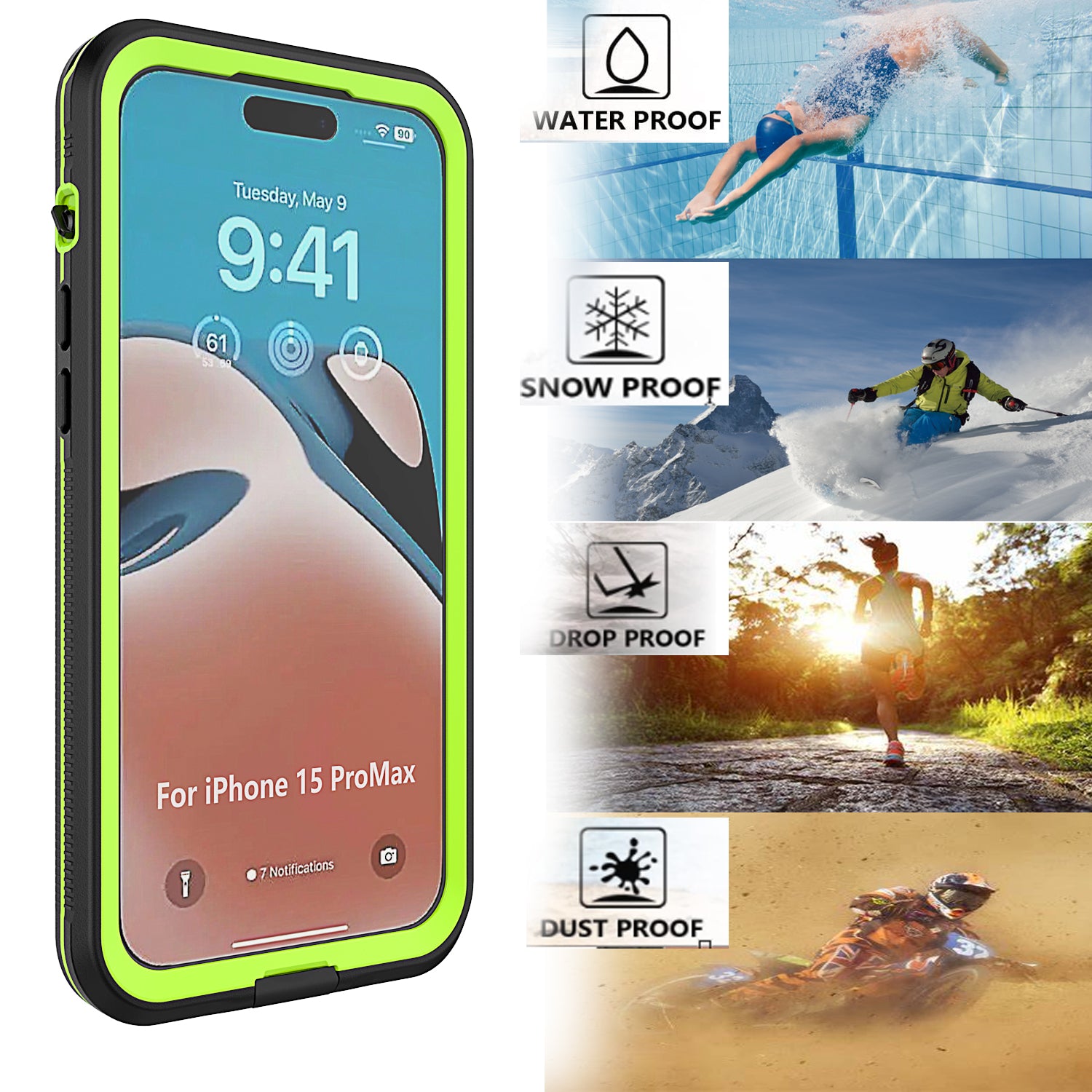 Uniqkart for iPhone 15 Pro Max IP68 Waterproof Case TPU+PC+PET Drop-proof Underwater Diving Phone Cover - Black+Green / Black Back