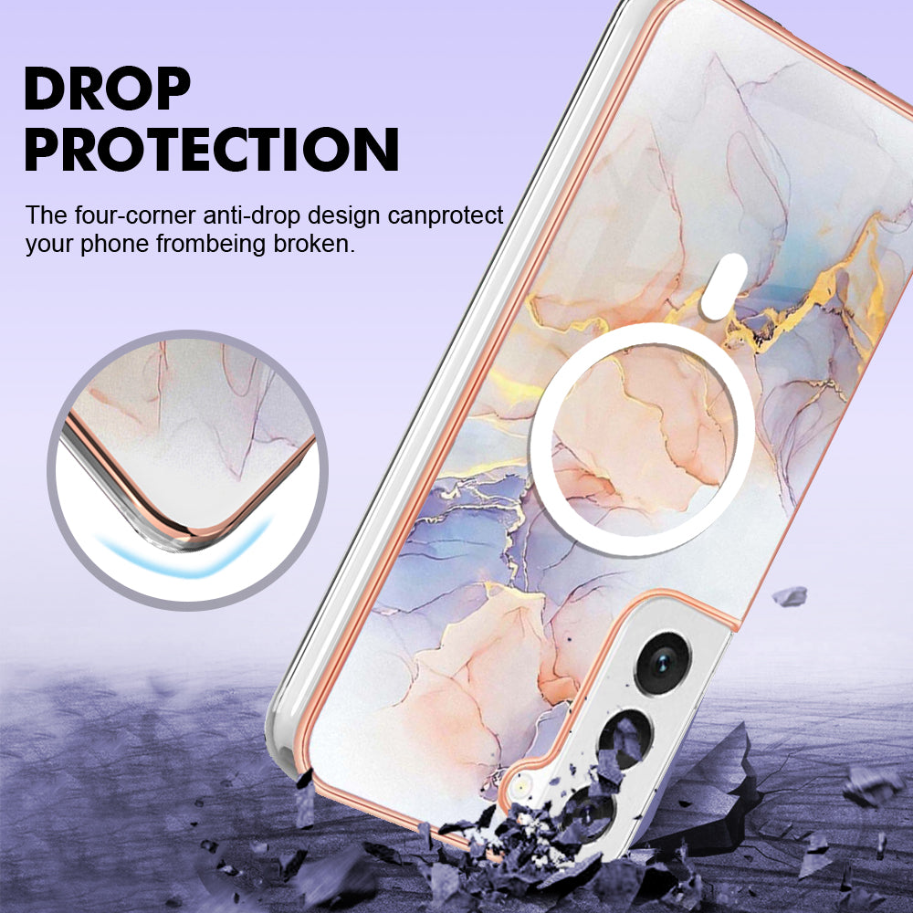 YB IMD Series-19 for Samsung Galaxy S22 5G Magnetic IMD Pattern Phone Case Electroplated 2.0mm TPU Cover - Marble White
