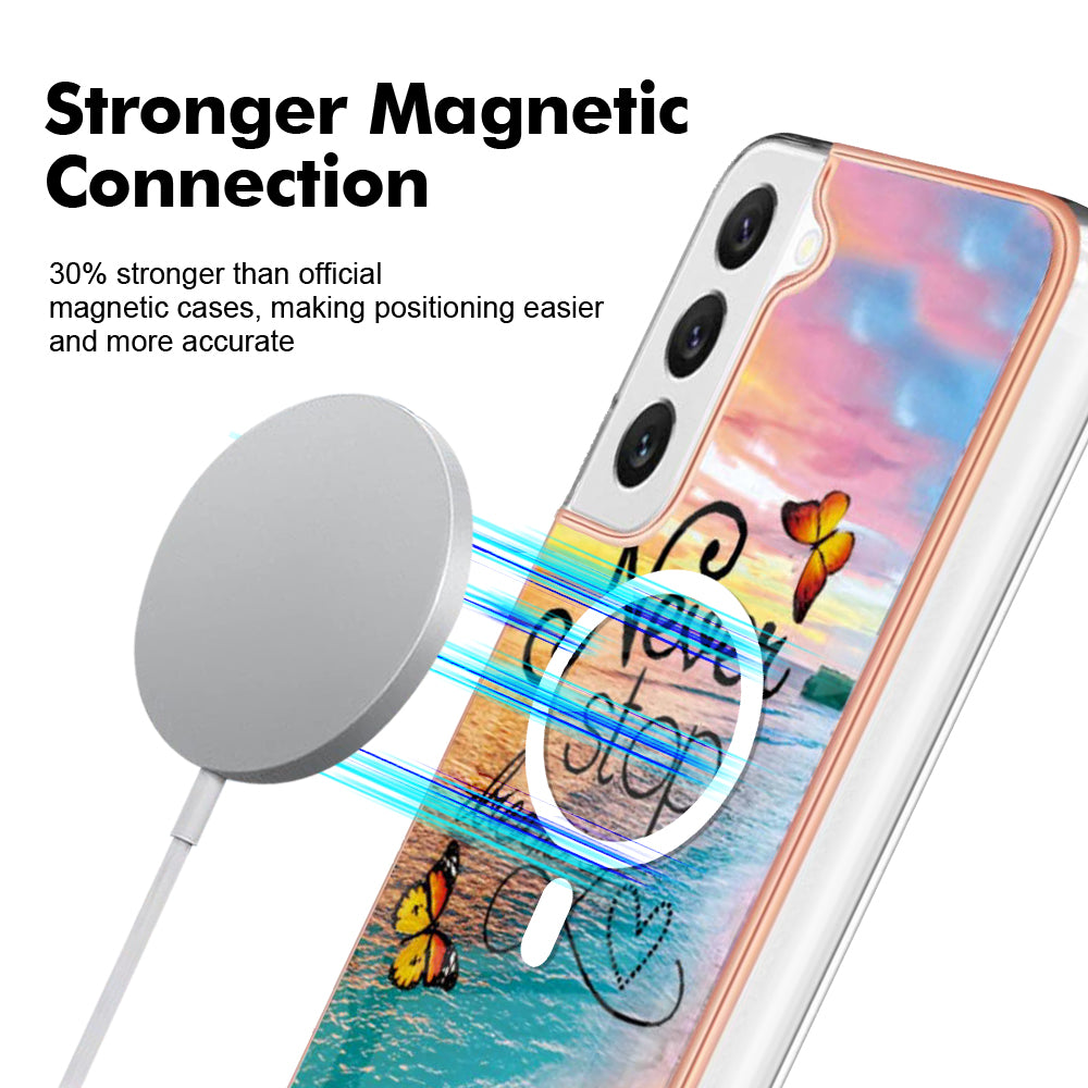 YB IMD Series-19 for Samsung Galaxy S22+ 5G IMD Pattern Phone Case Electroplated 2.0mm TPU Magnetic Cover - Never Stop Dreaming