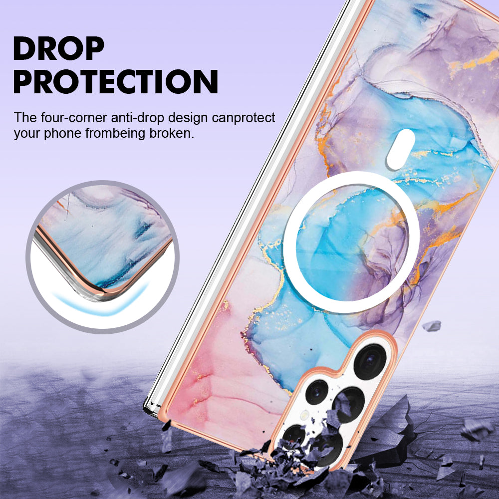 YB IMD Series-19 for Samsung Galaxy S22 Ultra 5G Magnetic Electroplated IMD Phone Case 2.0mm TPU Back Cover - Marble Blue