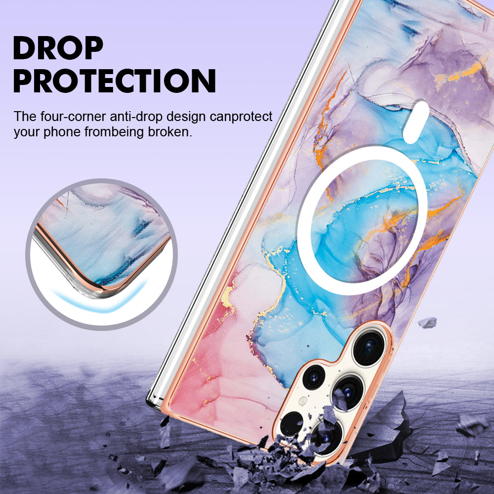 YB IMD Series-19 for Samsung Galaxy S23 Ultra IMD Pattern Magnetic Case Electroplated 2.0mm TPU Phone Cover - Marble Blue