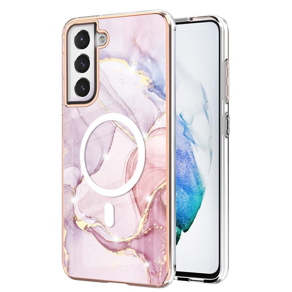 YB IMD Series-19 for Samsung Galaxy S21 FE 5G Magnetic Phone Case 2.0mm TPU Electroplating Pattern IMD Cover - Rose Gold