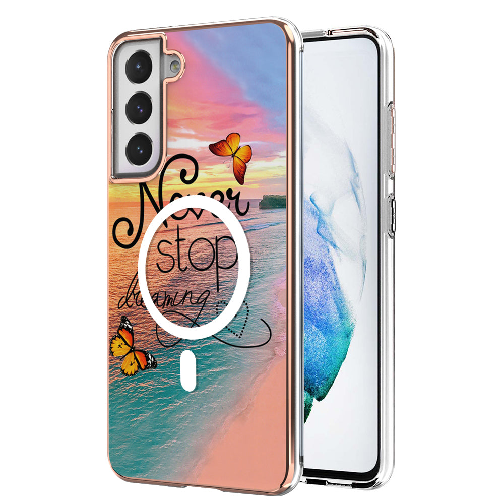 YB IMD Series-19 for Samsung Galaxy S21 FE 5G Magnetic Phone Case 2.0mm TPU Electroplating Pattern IMD Cover - Never Stop Dreaming