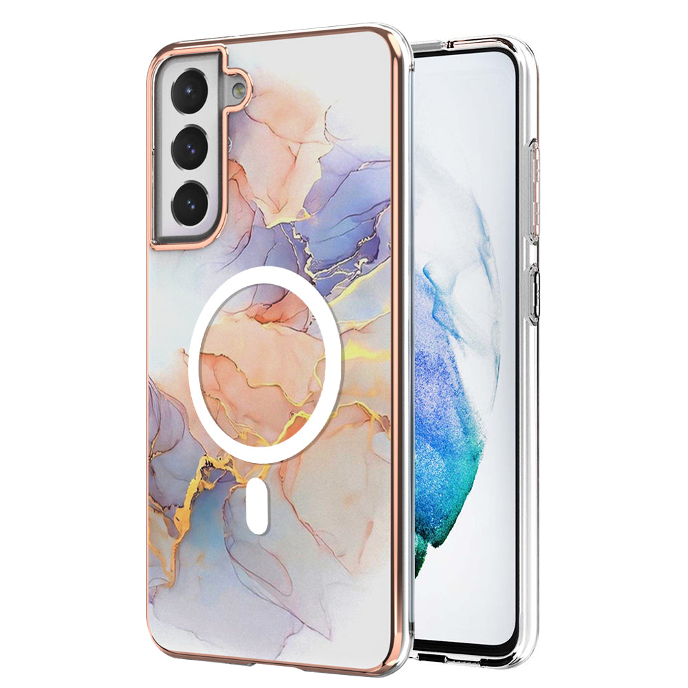 YB IMD Series-19 for Samsung Galaxy S21 FE 5G Magnetic Phone Case 2.0mm TPU Electroplating Pattern IMD Cover - Marble White