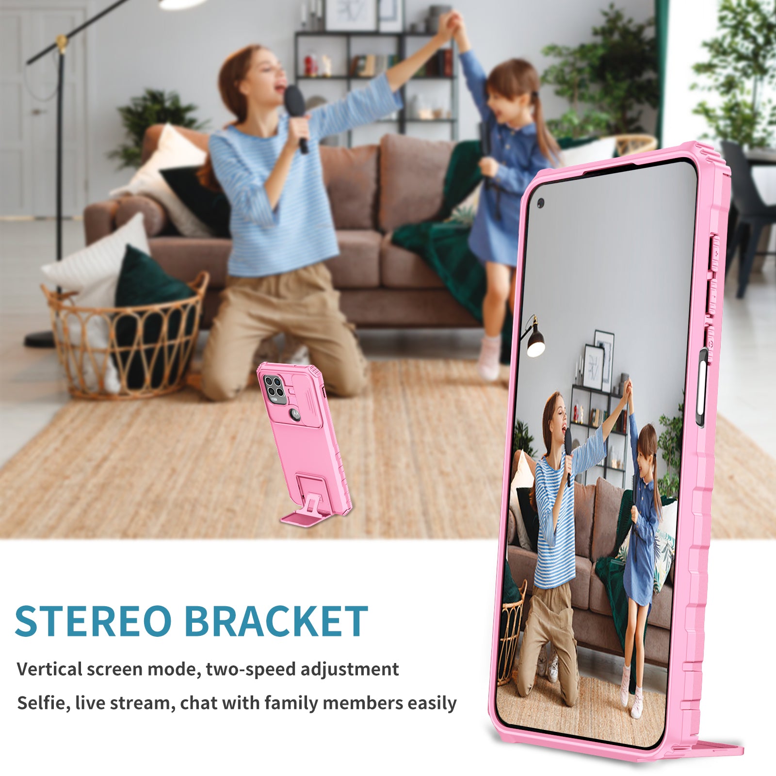 for Motorola Moto G Stylus 5G (2021) Phone Protector Slide Camera Hard PC + Flexible TPU Cover Kickstand Case - Pink