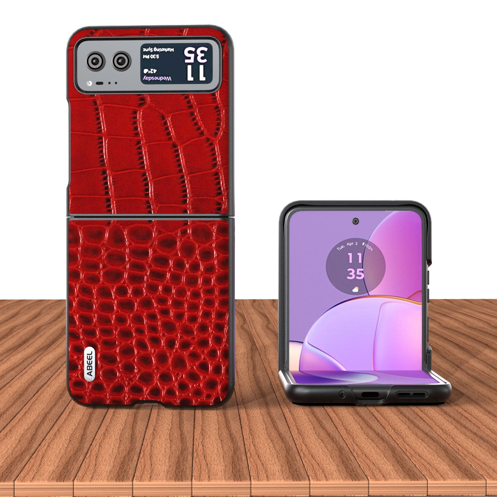 Uniqkart For Motorola Razr 40 5G Protective Case Genuine Cow Leather Coated PC Crocodile Texture Phone Cover - Red