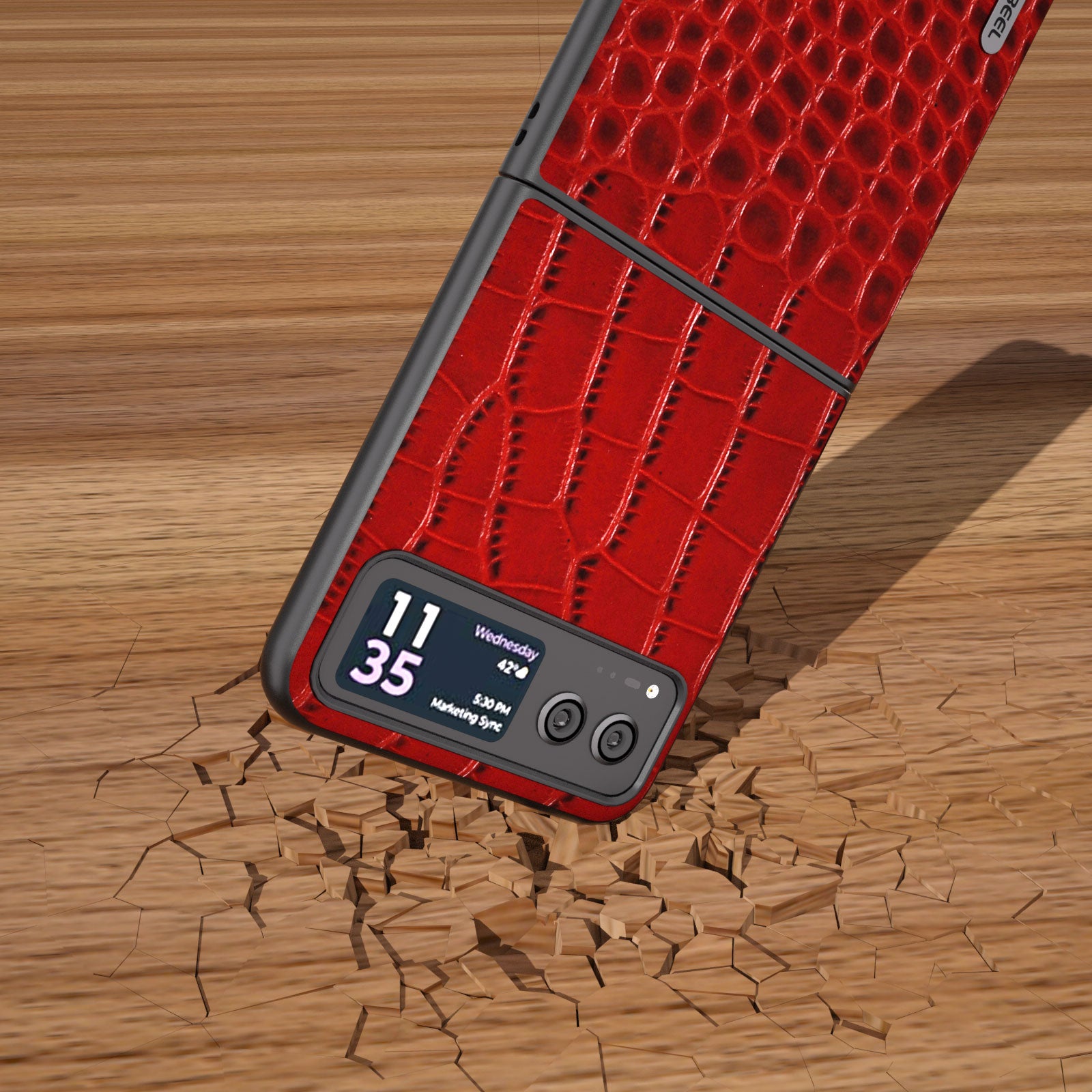 Uniqkart For Motorola Razr 40 5G Protective Case Genuine Cow Leather Coated PC Crocodile Texture Phone Cover - Red