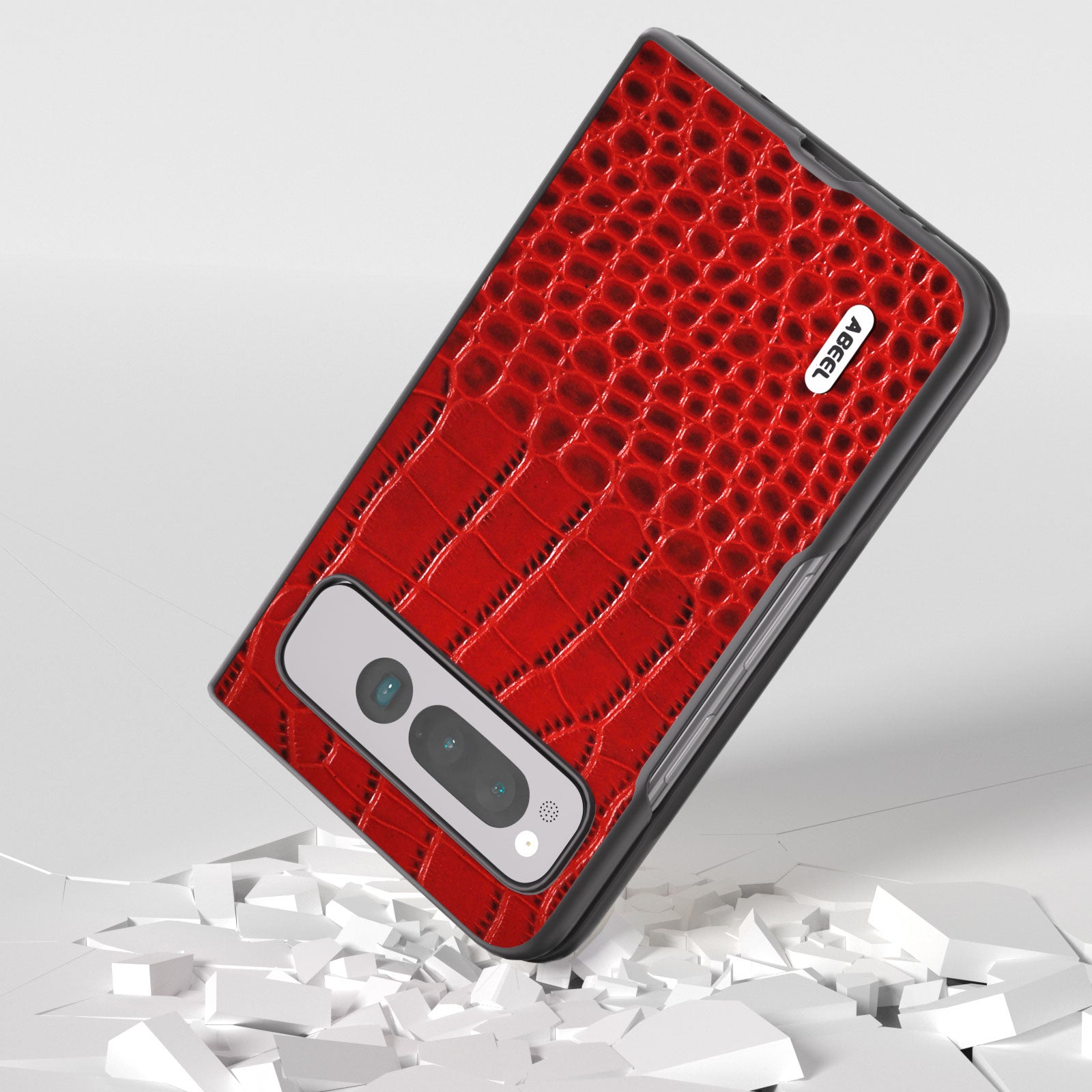 Uniqkart for Google Pixel Fold Genuine Cow Leather + PC Case Crocodile Texture Shockproof Phone Cover - Red
