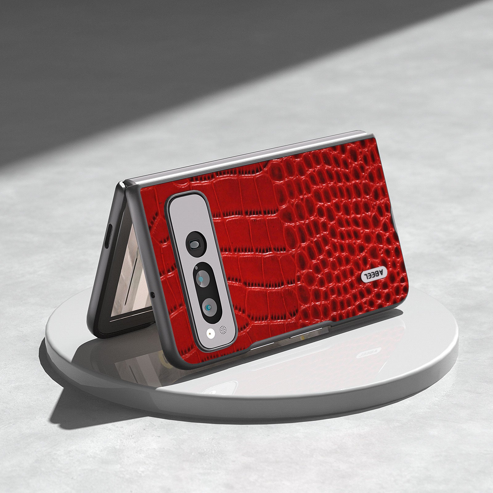 Uniqkart for Google Pixel Fold Genuine Cow Leather + PC Case Crocodile Texture Shockproof Phone Cover - Red