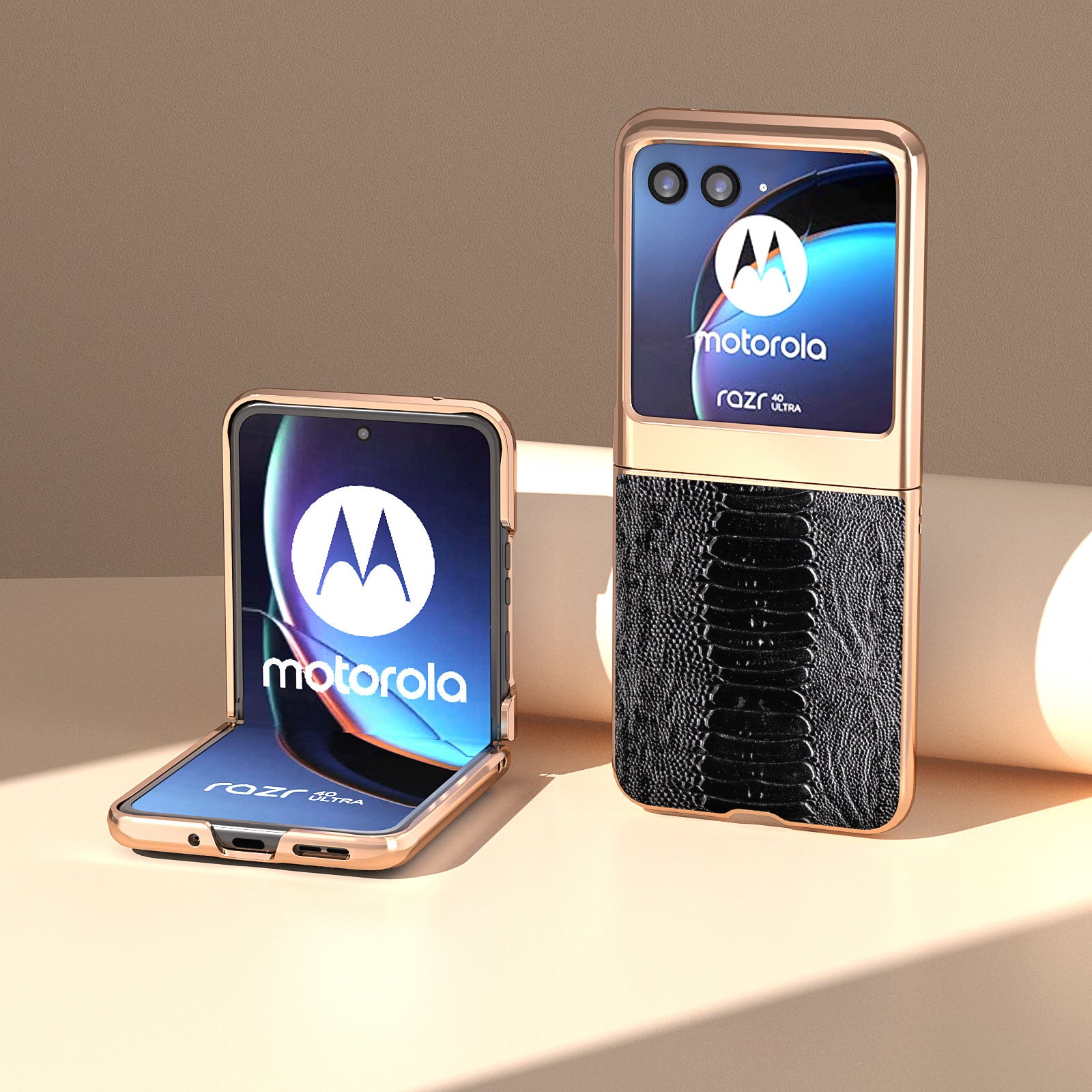 Uniqkart for Motorola Razr 40 Ultra 5G Crocodile Texture Thin Cover Genuine Cow Leather + PC Electroplating Phone Case - Black