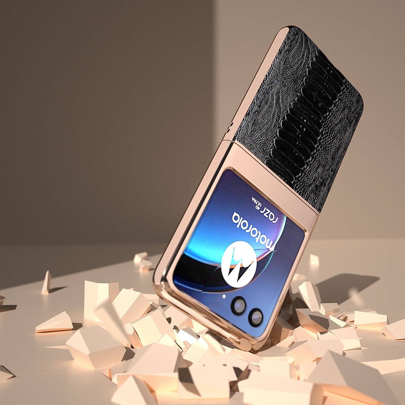 Uniqkart for Motorola Razr 40 Ultra 5G Crocodile Texture Thin Cover Genuine Cow Leather + PC Electroplating Phone Case - Black