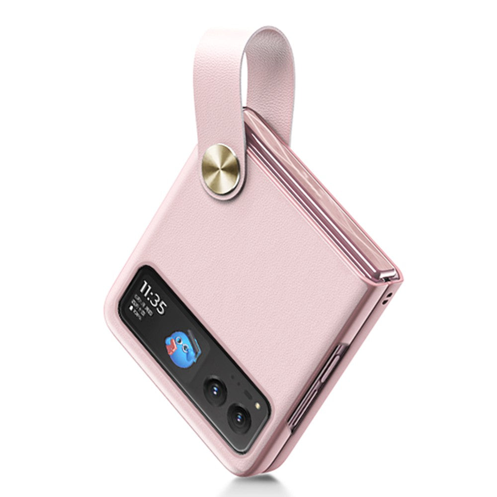 Uniqkart For Motorola Razr 40 5G Strap Kickstand Phone Case PU Leather Coated Hard PC Protective Cover - Pink