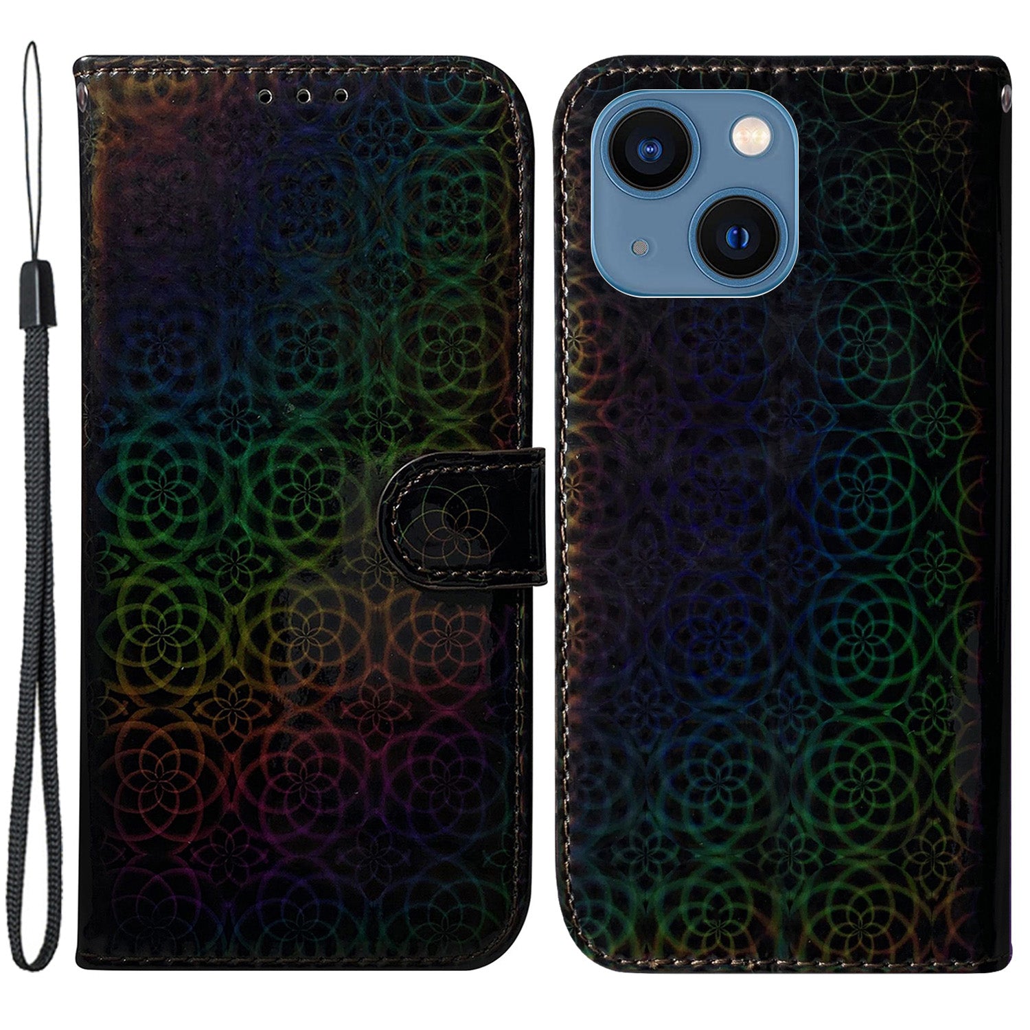 Wallet Leather Case for iPhone 15 , Stand Dazzling Flower Pattern Phone Cover - Black