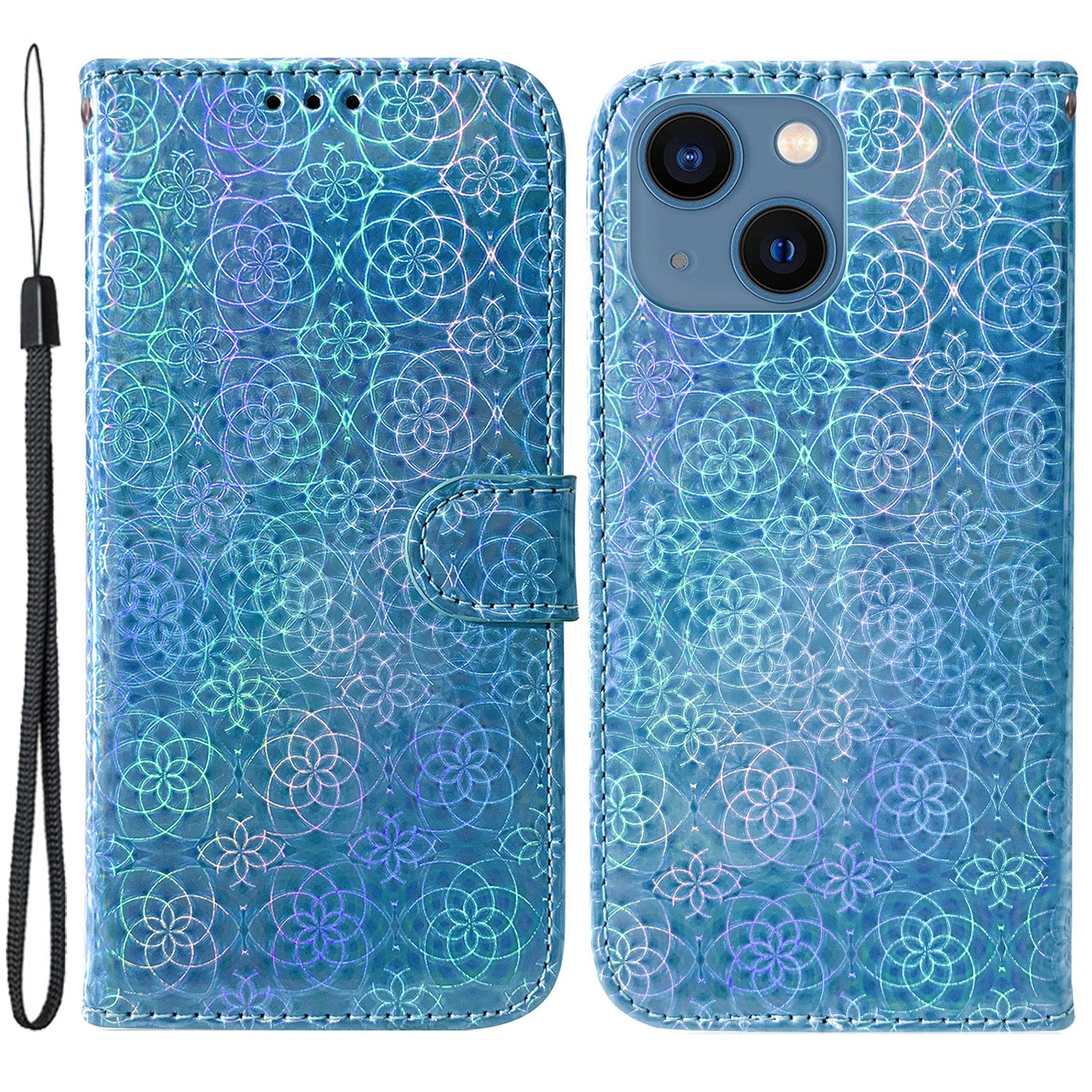 Wallet Leather Case for iPhone 15 , Stand Dazzling Flower Pattern Phone Cover - Blue