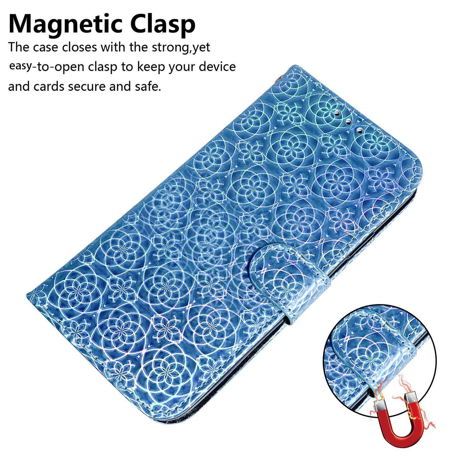 Wallet Leather Case for iPhone 15 , Stand Dazzling Flower Pattern Phone Cover - Blue