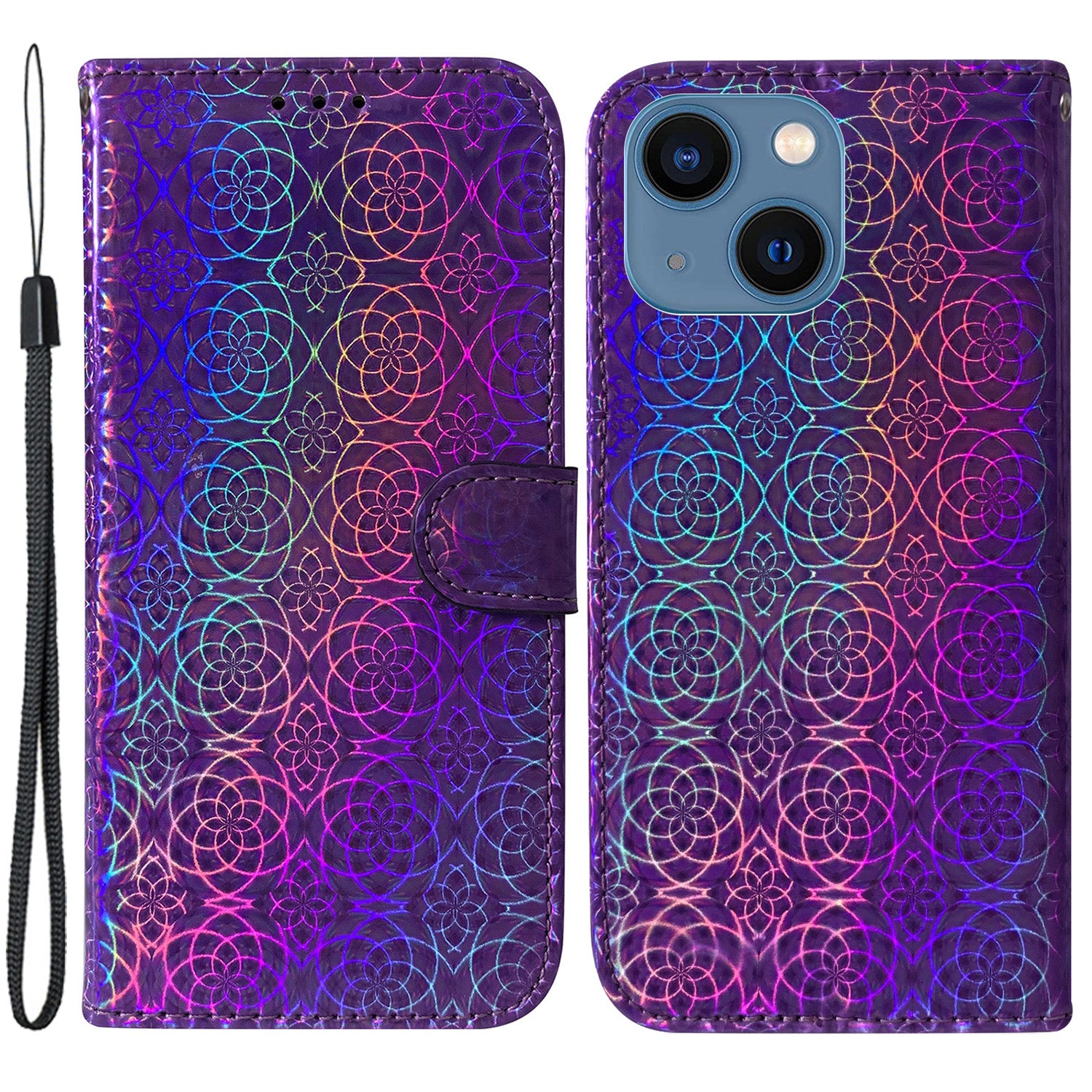 Wallet Leather Case for iPhone 15 , Stand Dazzling Flower Pattern Phone Cover - Purple