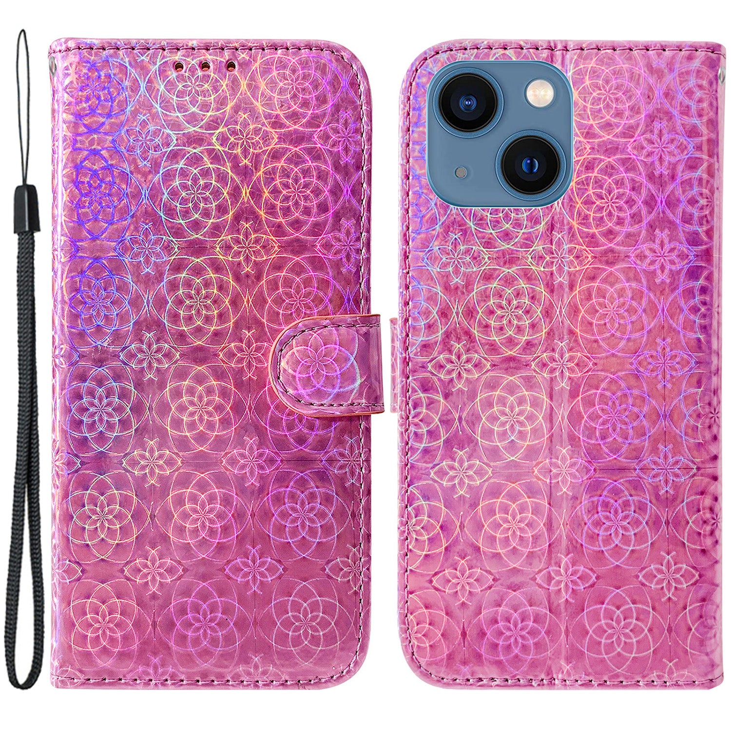 Wallet Leather Case for iPhone 15 , Stand Dazzling Flower Pattern Phone Cover - Pink