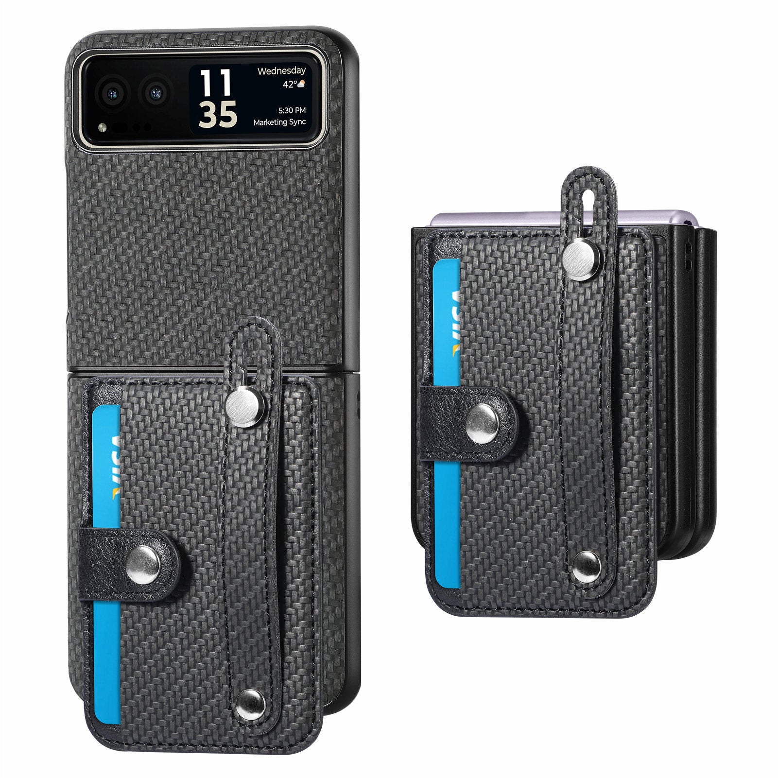 PU Leather+PC Phone Case for Motorola Razr 40 5G , Carbon Fiber Texture Wristband Kickstand Cover - Black