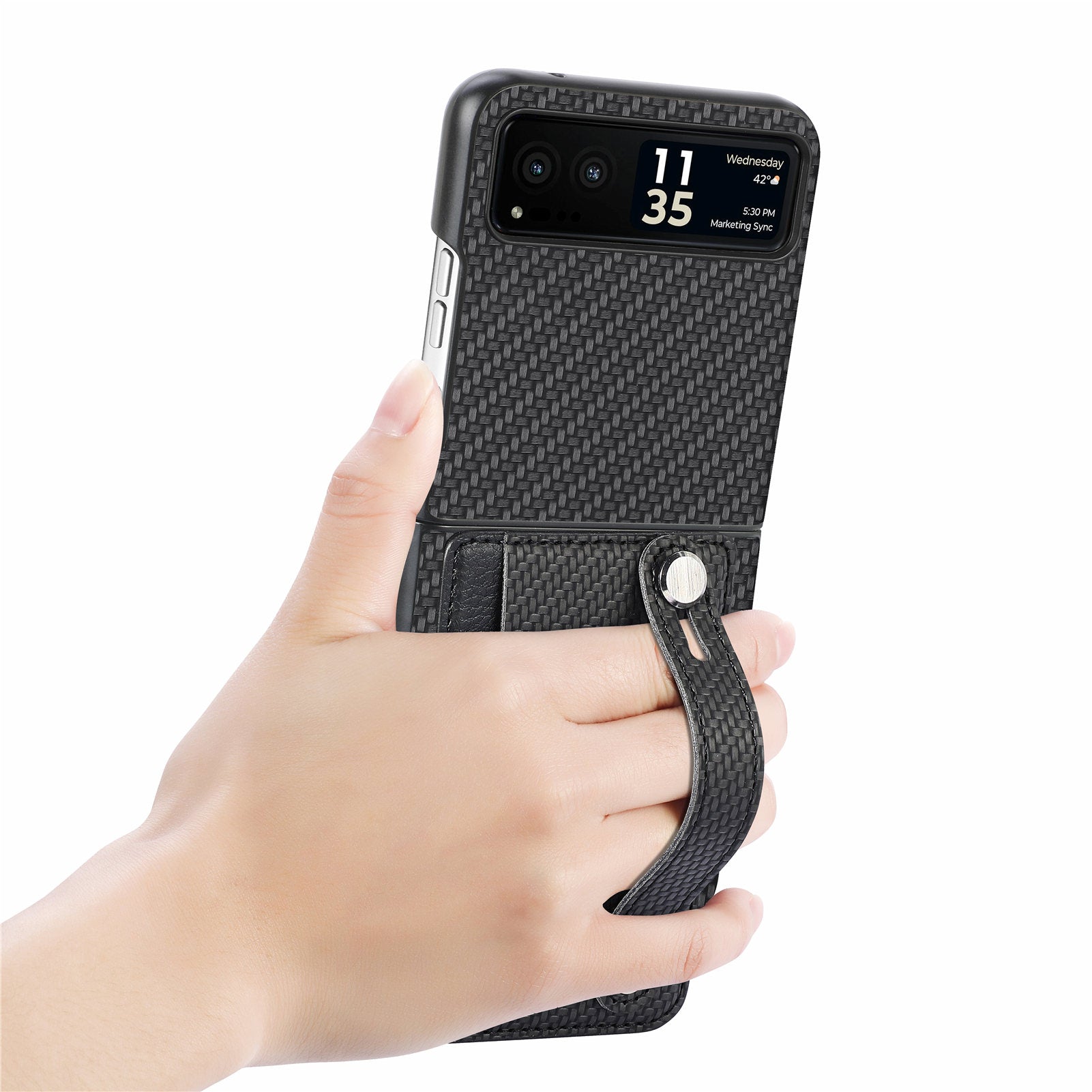 PU Leather+PC Phone Case for Motorola Razr 40 5G , Carbon Fiber Texture Wristband Kickstand Cover - Black