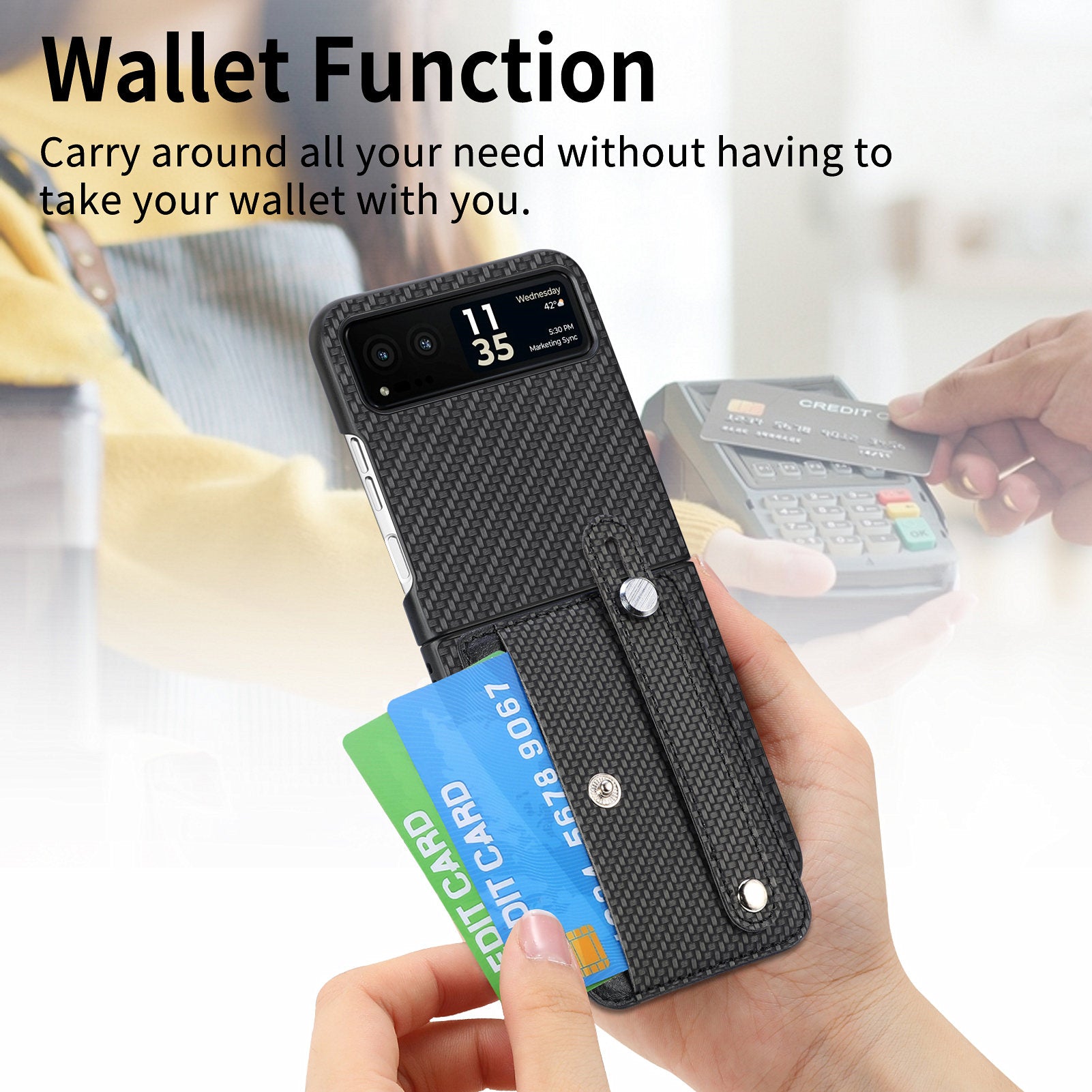 PU Leather+PC Phone Case for Motorola Razr 40 5G , Carbon Fiber Texture Wristband Kickstand Cover - Black