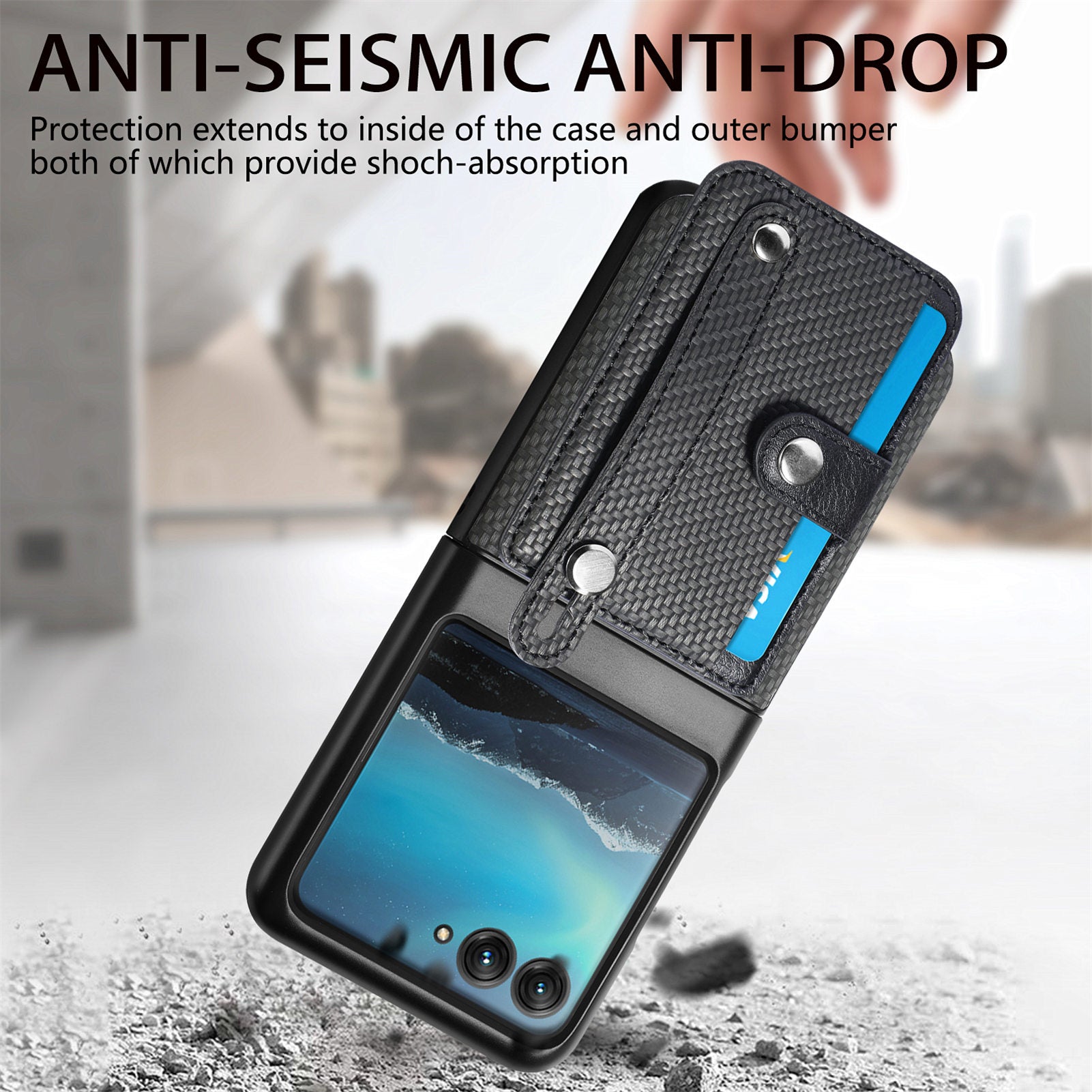 PU Leather+PC Phone Case for Motorola Razr 40 Ultra 5G , Carbon Fiber Texture Wristband Kickstand Anti-drop Cover - Black