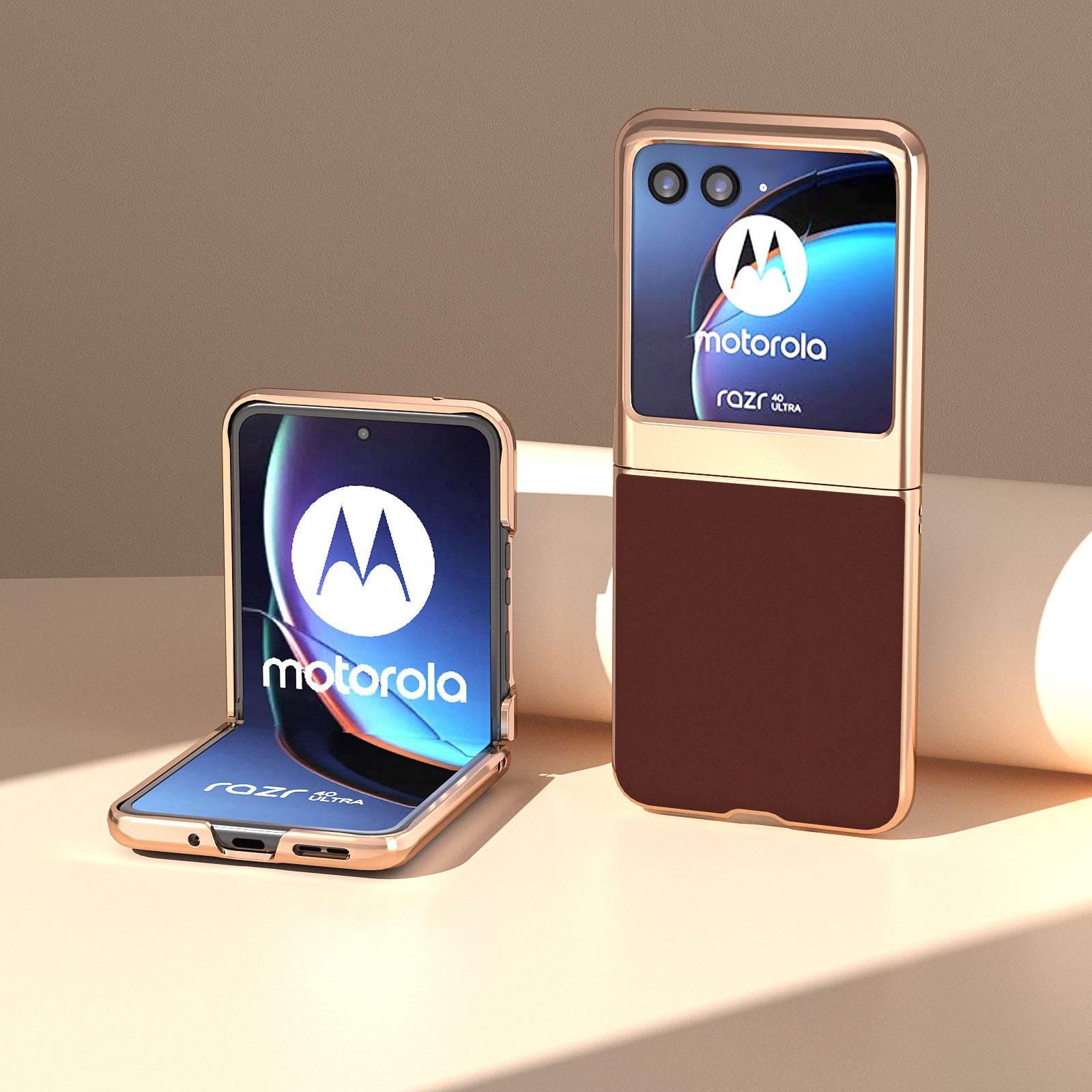 Uniqkart for Motorola Razr 40 Ultra 5G Nano Electroplating Phone Case Genuine Cow Leather + PC Silky Feeling Cover - Coffee
