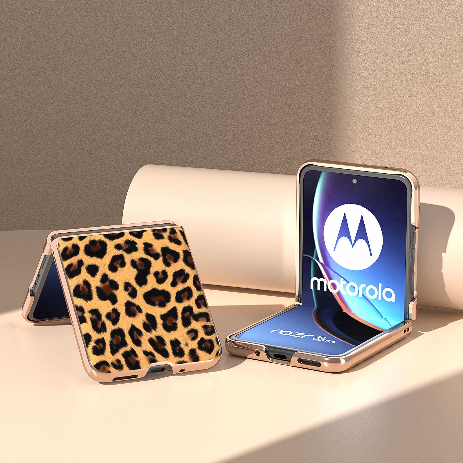 Uniqkart for Motorola Razr 40 Ultra 5G PU Leather + Hard PC Phone Case Nano Electroplating Leopard Pattern Cover - Champagne Gold